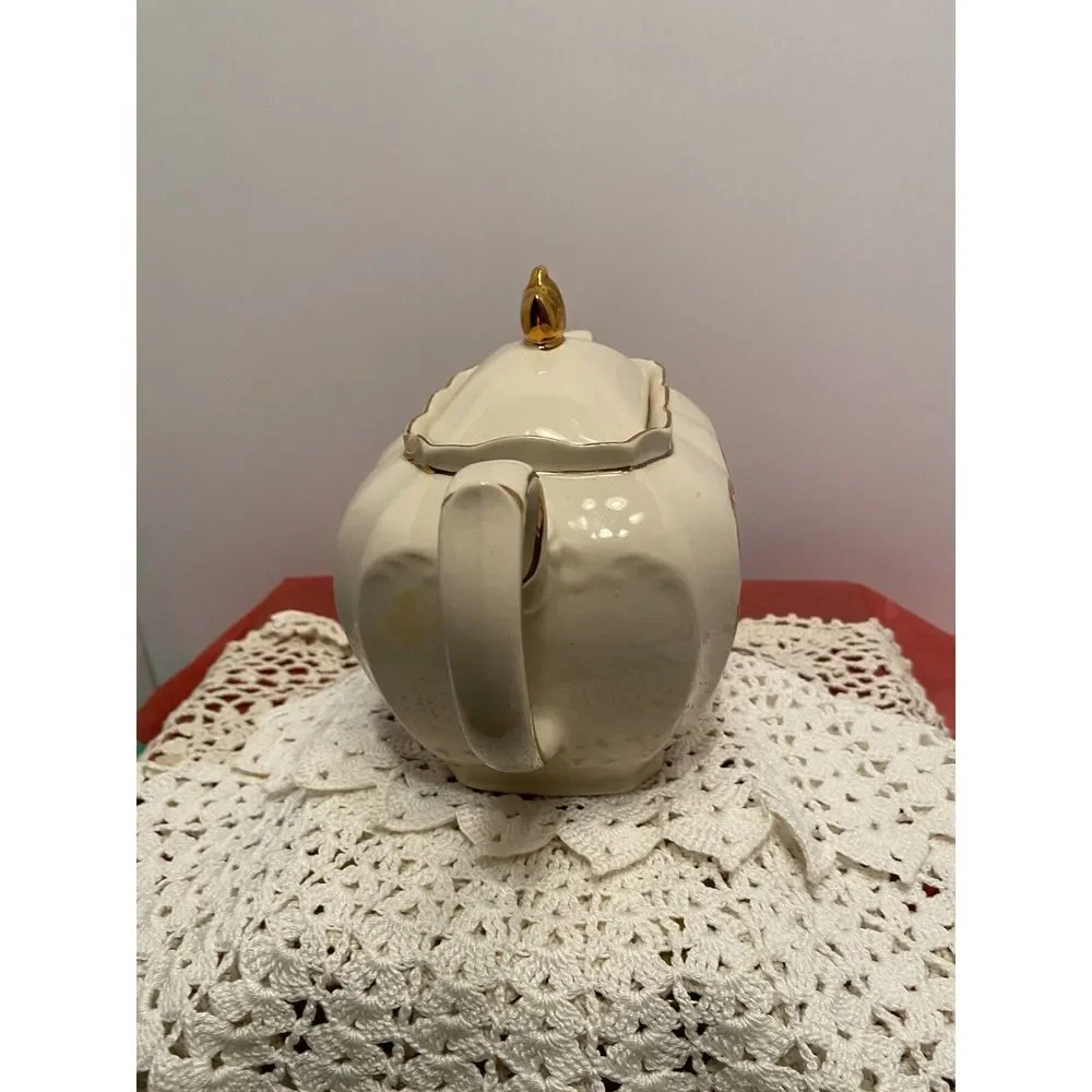 Vintage Sadler England Cube Teapot #2097 Rose Flowers Gold Trim‎